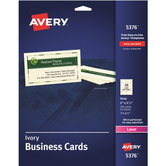 Avery&reg; 2" x 3.5" Ivory Business Cards, Sure Feed? Technology, Laser, 250 Cards (5376) - AVE5376