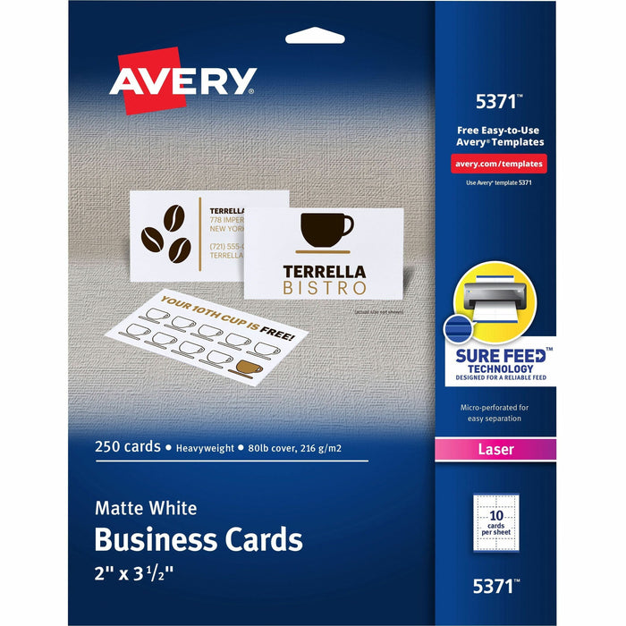 Avery&reg; 2" x 3.5" Business Cards, Sure Feed(TM), Laser, 250 (5371) - AVE5371