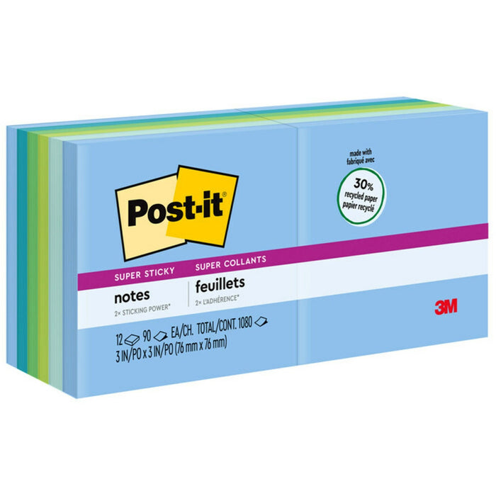 Post-it&reg; Super Sticky Recycled Notes - Oasis Color Collection - MMM65412SST