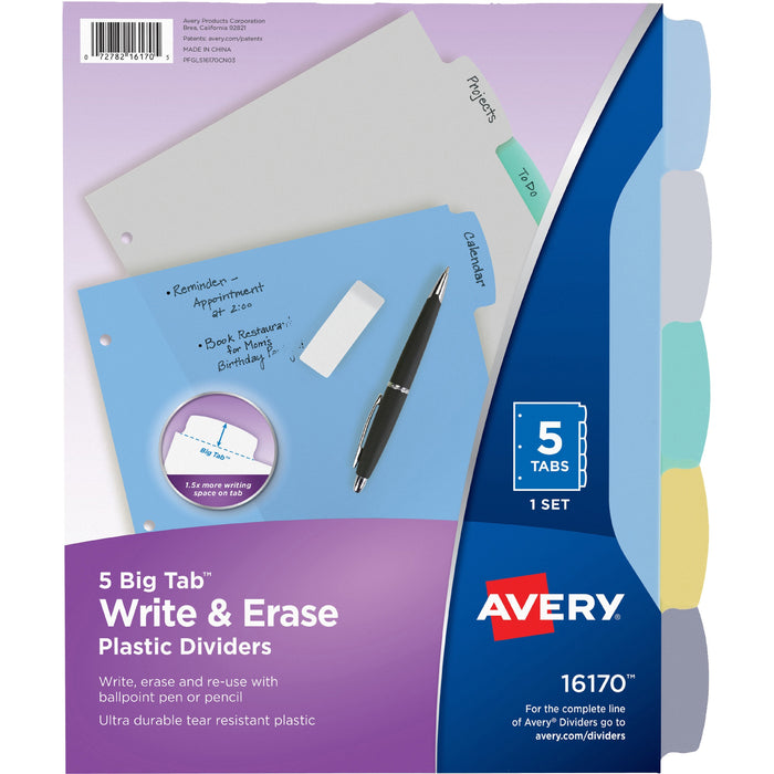Avery&reg; Big Tab Write & Erase Durable Dividers, 5 Multicolor Tabs - AVE16170