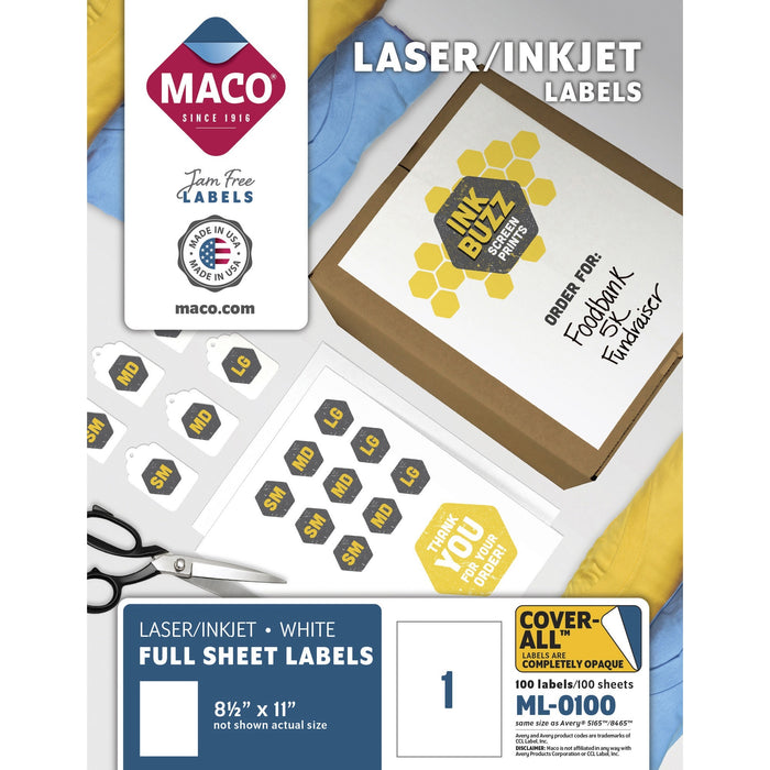 MACO White Laser/Ink Jet Full Sheet Label - MACML0100