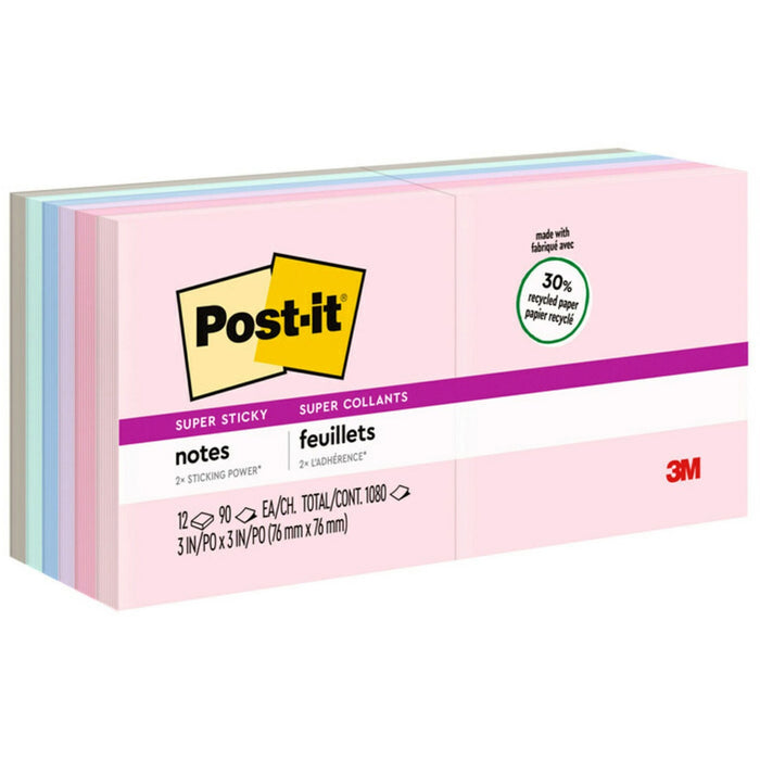 Post-it&reg; Super Sticky Recycled Notes - Wanderlust Pastels Color Collection - MMM65412SSNRP