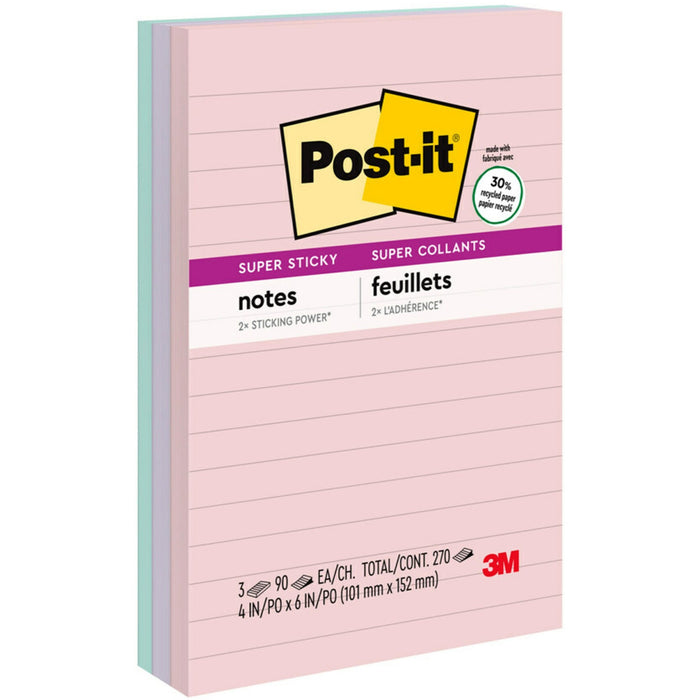 Post-it&reg; Super Sticky Lined Recycled Notes - Wanderlust Pastels Color Collection - MMM6603SSNRP