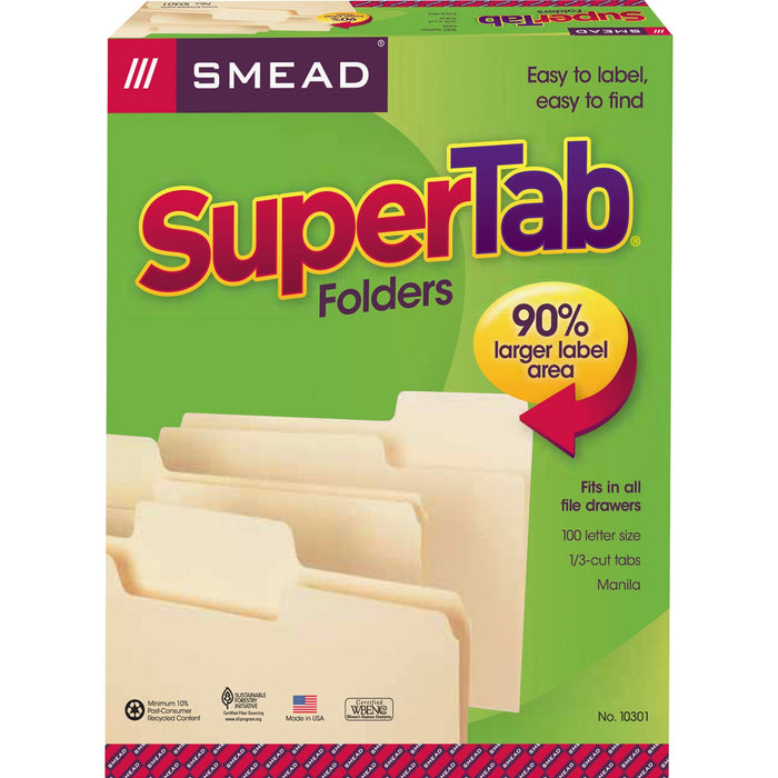 Smead SuperTab 1/3 Tab Cut Letter Recycled Top Tab File Folder - SMD10301