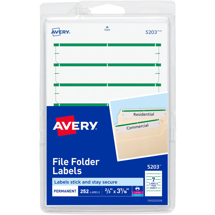 Avery&reg; File Folder Labels, White/Green, 2/3" x 3-7/16" , 252 (5203) - AVE05203