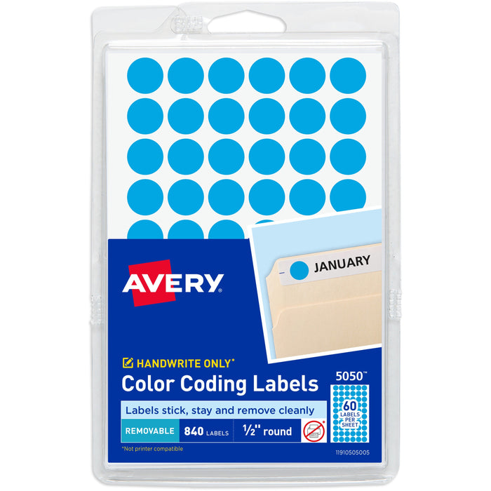 Avery&reg; Dot Stickers, 1/2" Diameter, Light Blue, 840 Total (5050) - AVE05050