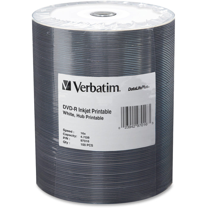 Verbatim 97016 DVD Recordable Media - DVD-R - 16x - 4.70 GB - 100 Pack Wrap - VER97016