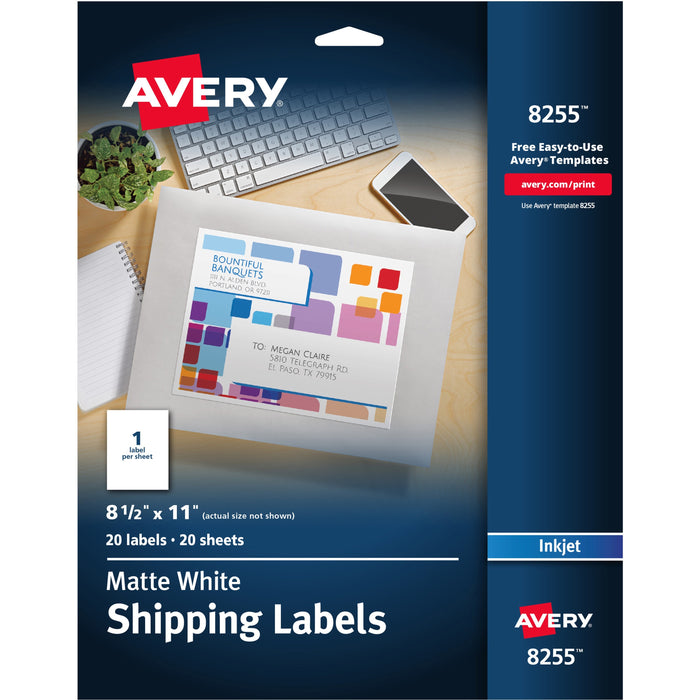 Avery&reg; White Shipping Labels, 8-1/2" x 11" , 20 Labels (8255) - AVE8255