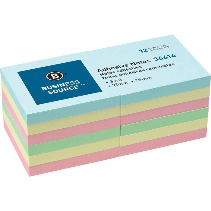 Business Source 3" Plain Pastel Colors Adhesive Notes - BSN36614