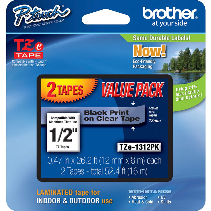 Brother 1/2" Black/Clear Laminated TZe Tape Value Pack - BRTTZE1312PK