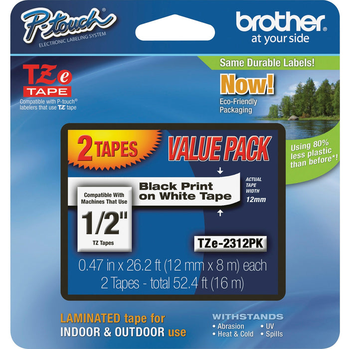 Brother 1/2" Black/White TZe Laminated Tape Value Pack - BRTTZE2312PK