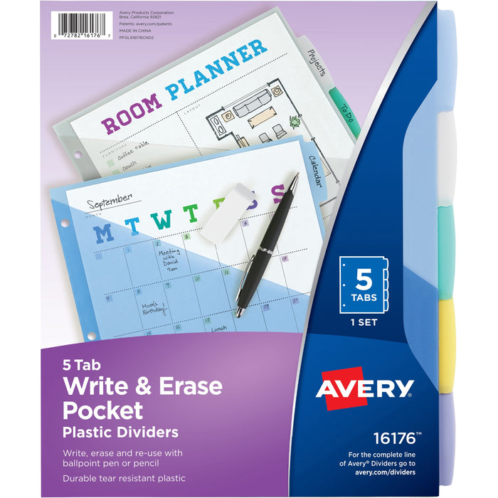 Avery&reg; Write & Erase Durable Plastic Dividers w/Pockets, 5-tab, Multicolor - AVE16176