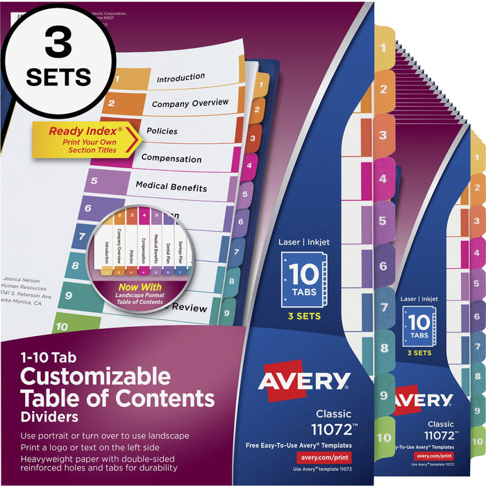 Avery&reg; Customizable Table of Contents Dividers, Ready Index(R) Printable Section Titles, Preprinted 1-10 Multicolor Tabs, 3 Sets (11072) - AVE11072