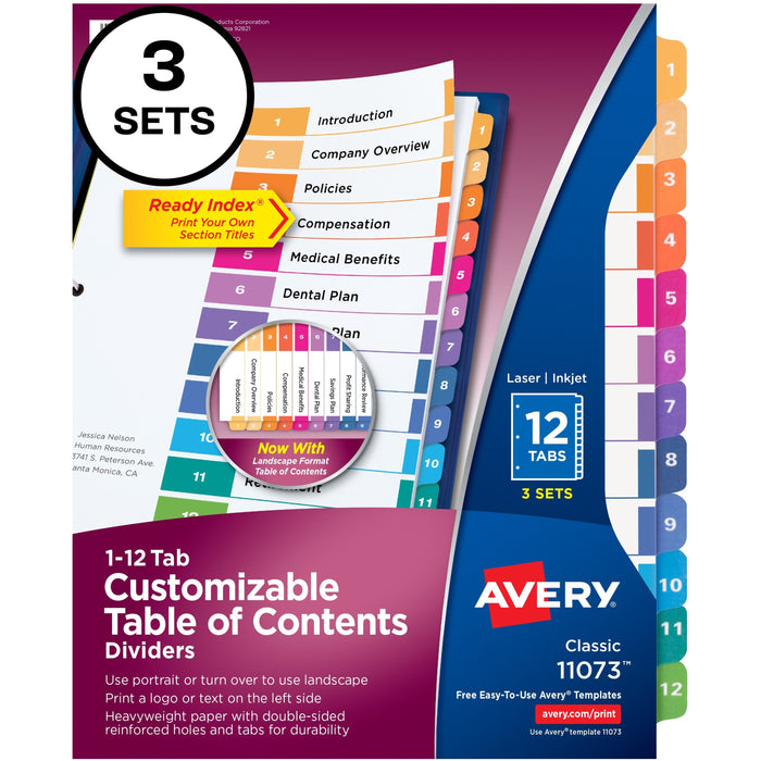 Avery&reg; Customizable Table of Contents Dividers, Ready Index(R) Printable Section Titles, Preprinted 1-12 Multicolor Tabs, 3 Sets (11073) - AVE11073