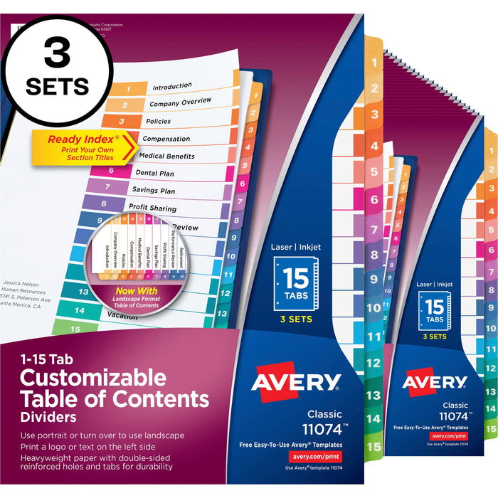 Avery&reg; Customizable Table of Contents Dividers, Ready Index(R) Printable Section Titles, Preprinted 1-15 Multicolor Tabs, 3 Sets (11074) - AVE11074