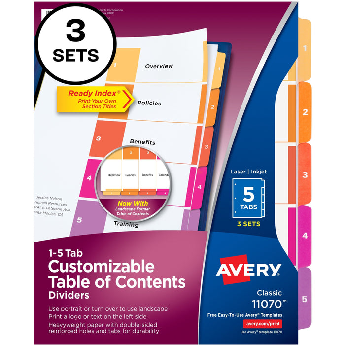 Avery&reg; Customizable Table of Contents Dividers, Ready Index(R) Printable Section Titles, Preprinted 1-5 Multicolor Tabs, 3 Sets (11070) - AVE11070