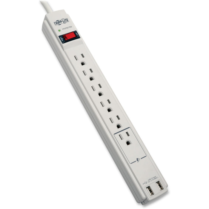 Tripp Lite Surge Protector 6 Outlet w/2x USB Charging Ports, 6 ft cord Gray - TRPTLP606USB
