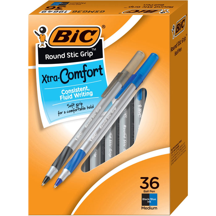 BIC Round Stic Grip Xtra-Comfort Medium Ball Point Pen, Assorted, 36 Pack - BICGSMG361AST