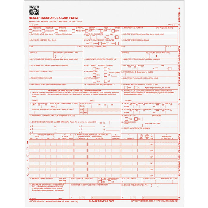 TOPS CMS-15000 Health Insurance Claim Forms - TOP50135RV