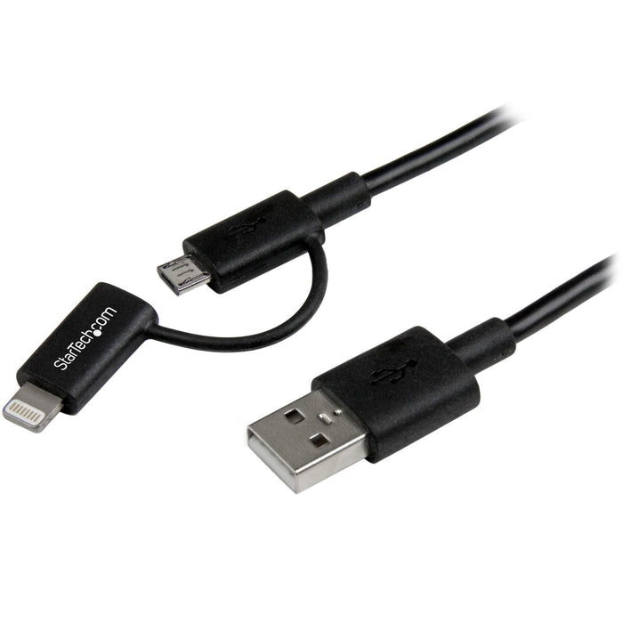 StarTech.com 1m (3 ft) Black Apple 8-pin Lightning Connector or Micro USB to USB Combo Cable for iPhone / iPod / iPad - STCLTUB1MBK