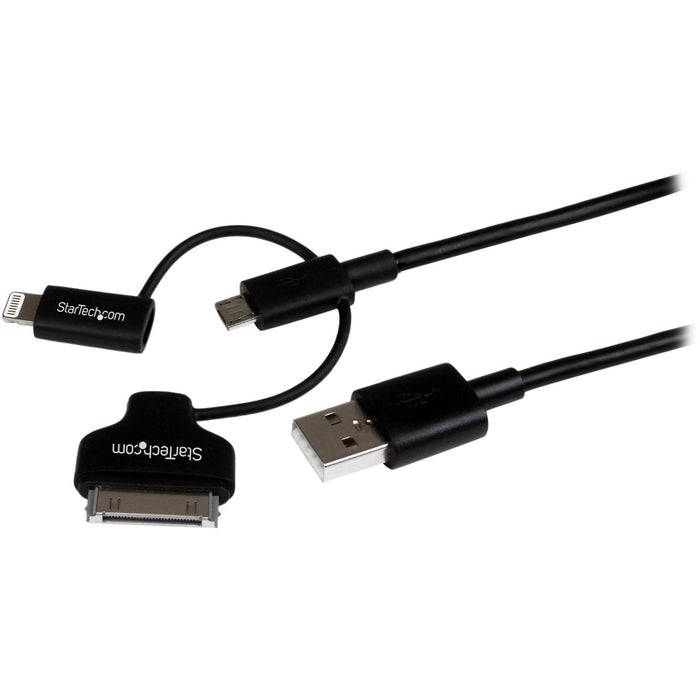 StarTech.com 1m (3 ft) Black Apple 8-pin Lightning or 30-pin Dock Connector or Micro USB to USB Combo Cable for iPhone / iPod / iPad - STCLTADUB1MB