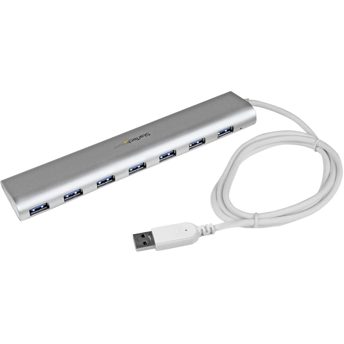 StarTech.com 7 Port Compact USB 3.0 Hub with Built-in Cable - Aluminum USB Hub - Silver - STCST73007UA
