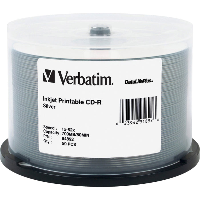 Verbatim CD-R 700MB 52X DataLifePlus Silver Inkjet Printable - 50pk Spindle - VER94892