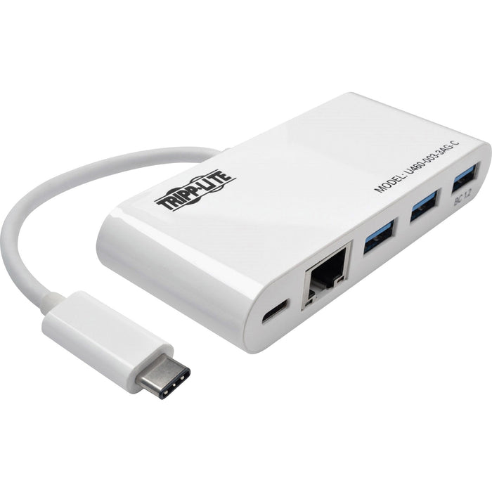 Tripp Lite 3-Port USB-C Hub with LAN Port and Power Delivery, USB-C to 3x USB-A Ports and Gbe, USB 3.0, White - TRPU4600033AGC