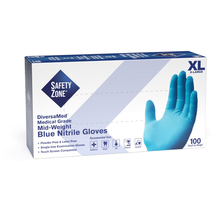 Safety Zone Powder Free Blue Nitrile Gloves - SZNGNEPXL1