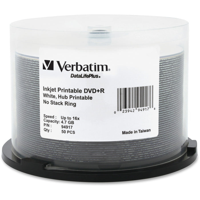 Verbatim DVD+R 4.7GB 16X DataLifePlus White Inkjet Printable, Hub Printable - 50pk Spindle - VER94917