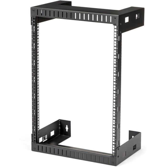 StarTech.com 15U 19" Wall Mount Network Rack, 12" Deep 2 Post Open Frame Server Room Rack for Data/AV/IT/Computer Equipment/Patch Panel with Cage Nuts & Screws 200lb Weight Capacity, Black - STCRK15WALLO