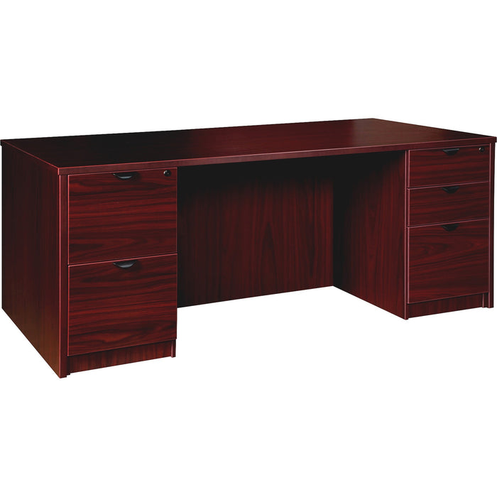 Lorell Prominence 2.0 Mahogany Laminate Double-Pedestal Desk - 5-Drawer - LLRPD3672DPMY