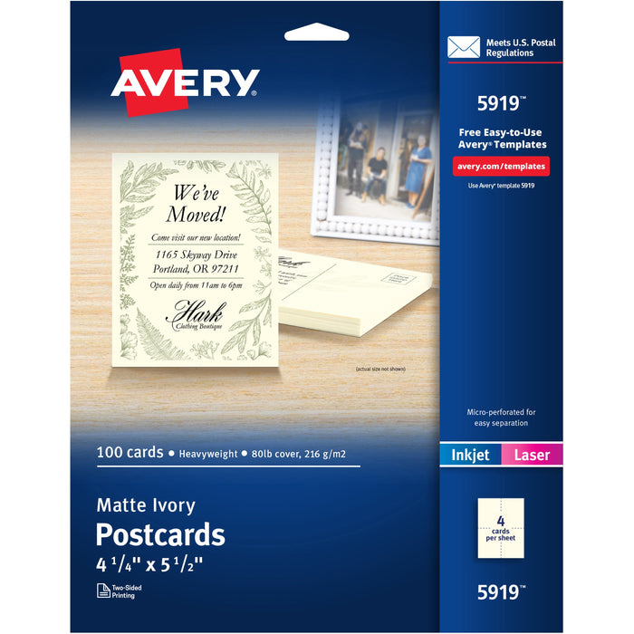 Avery&reg; Postcards, Ivory, Two-Sided, 4-1/4" x 5-1/2" , 100 Cards (5919) - AVE5919