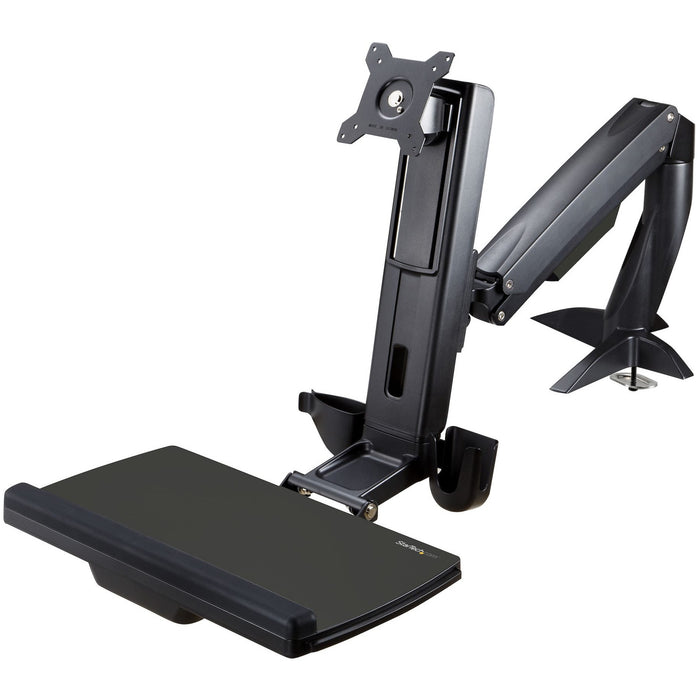 StarTech.com Sit Stand Monitor Arm - Desk Mount Sit-Stand Workstation up to 34 inch VESA Display - Standing Desk Converter - Keyboard Tray - STCARMSTSCP1