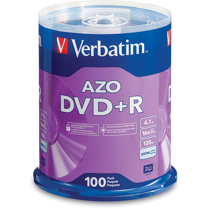 Verbatim 95098 DVD Recordable Media - DVD+R - 16x - 4.70 GB - 100 Pack Spindle - VER95098