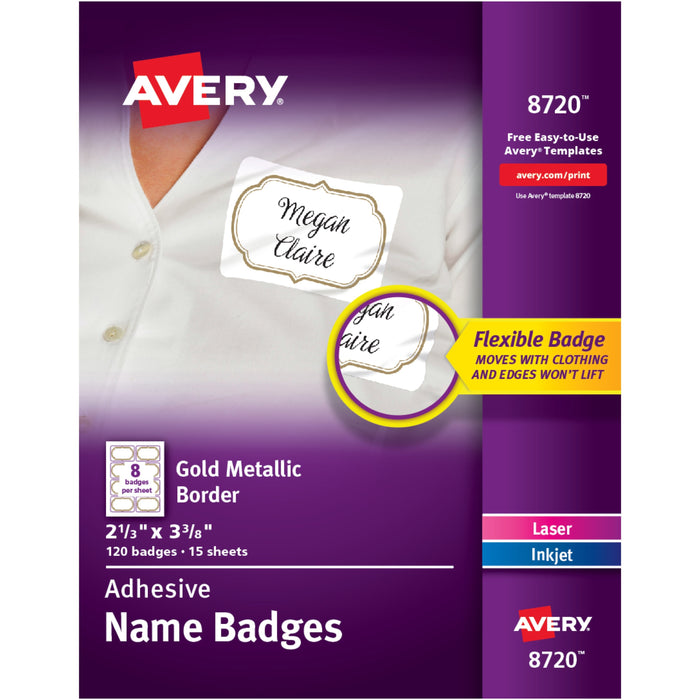 Avery&reg; Self-Adhesive Removable Name Tag Labels with Gold Metallic Border - AVE8720
