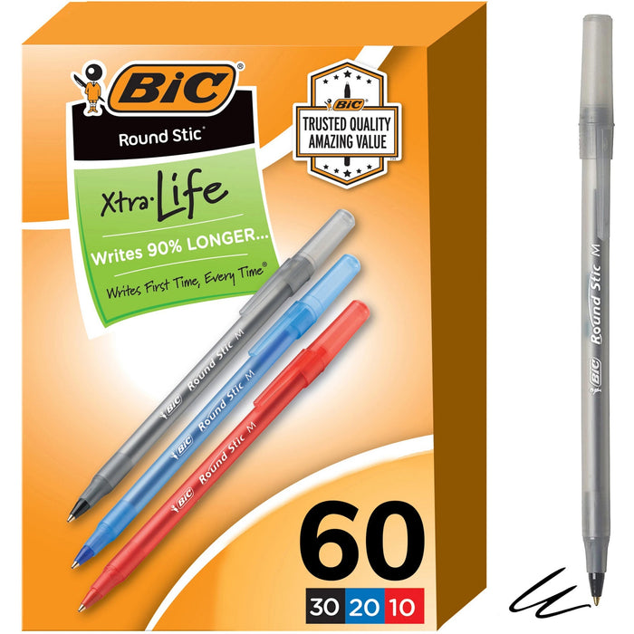 BIC Round Stic Xtra Life Ball Point Pen, Assorted, 60 Pack - BICGSM609AST