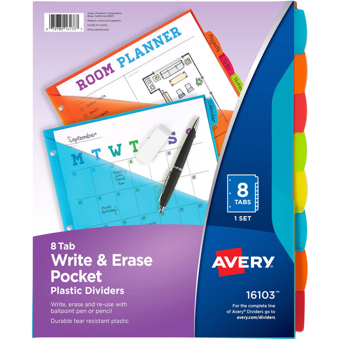Avery&reg; Write & Erase 8-Tab Plastic Dividers, Pockets, Brights (16103) - AVE16103