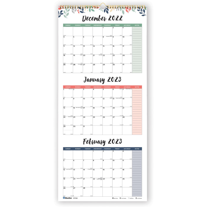 Blueline 3-Month Colorful Wall Calendar - REDC171129