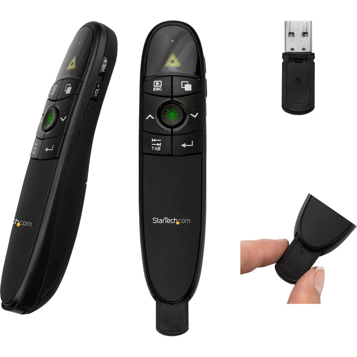 StarTech.com Wireless Presentation Remote with Green Laser Pointer - 90 ft. (27 m) - USB Presentation Clicker for Mac and Windows - Batteries Included - Wireless Slideshow and Volume Controls - STCPRESREMOTEG