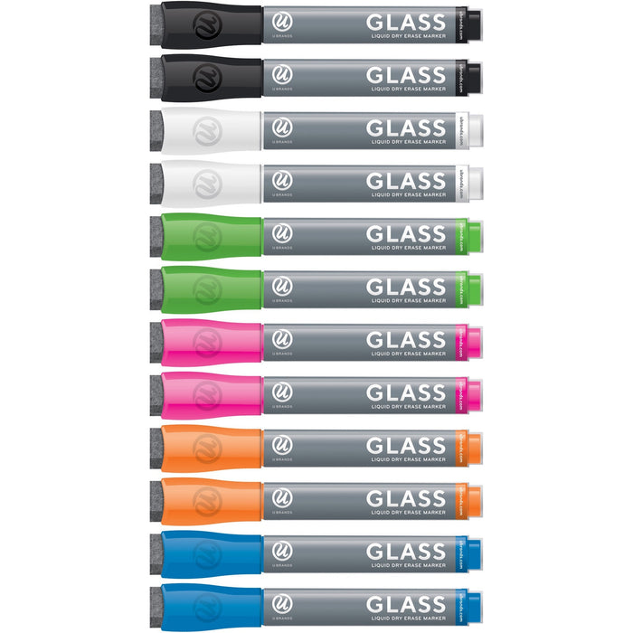 U Brands Liquid Glass Board Dry Erase Markers with Erasers, Low Odor, Bullet Tip, Assorted Colors, 12-Count - 2913U00-12 - UBR2913U0012