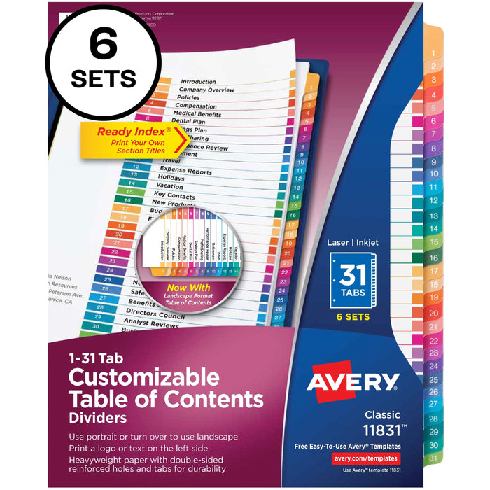 Avery&reg; Ready Index 31 Tab Dividers, Customizable TOC, 6 Sets - AVE11831