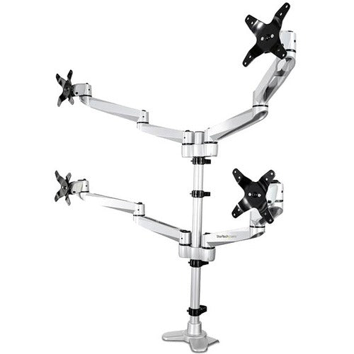 Desk Mount Quad Monitor Arm - 4 VESA Displays up to 30" -Premium Ergonomic Articulating Adjustable Pole Mount - Clamp/Gromme - STCARMQUADPS