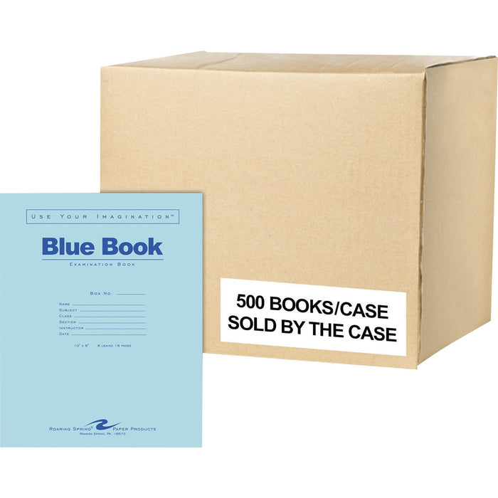 Roaring Spring Case of 500 Exam Books, 10"x8" , 8 sheets/16 pages of 15# Smooth White Paper, Wide Ruled W/ Margin, Heavy Blue Cover, Stapled - ROA77507CS