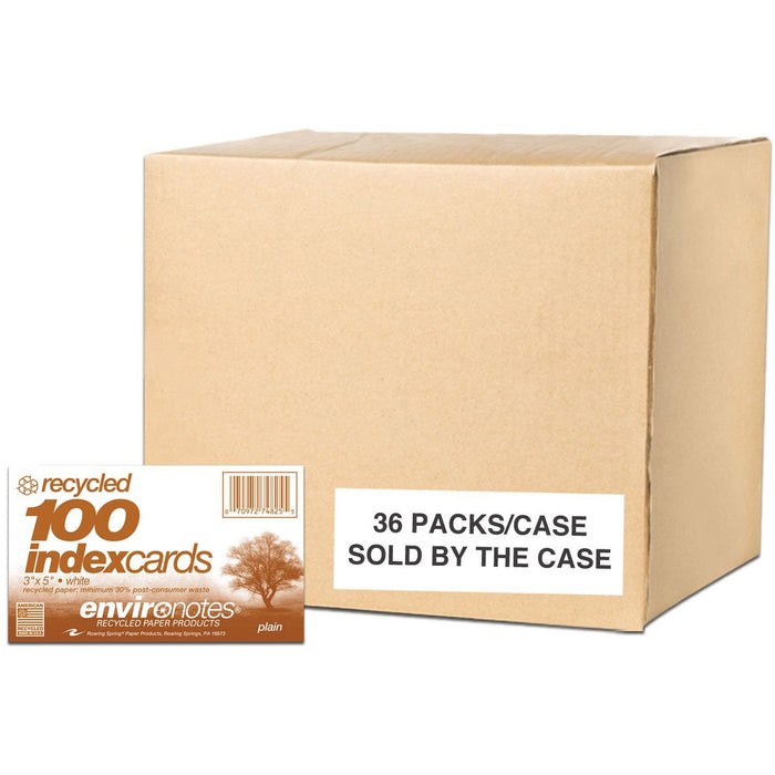 Roaring Spring Case of 36 Packs of Recycled Index Cards, 3"x5" , 100 sheets of White Recycled 100# Index Per Pack, unRuled - ROA74825CS