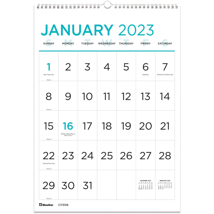 Blueline Large Print Monthly Wall Calendar - REDC173106