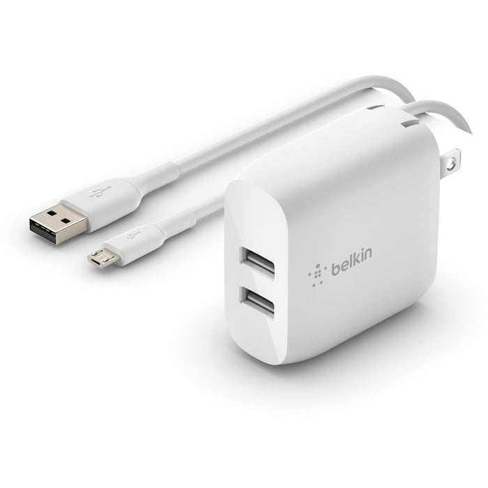 Belkin BoostCharge Dual USB-A Wall Charger 24W (USB-A to Micro-USB cable included) - Power Adapter - BLKWCE002DQ1MWH