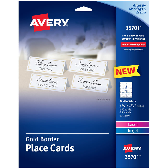 Avery&reg; Place Cards With Gold Border 1-7/16" x 3-3/4" , 65 lbs. 150 Cards - AVE35701