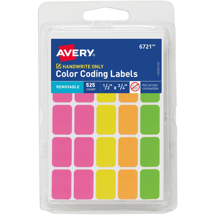 Avery&reg; Removable Labels, 1/2" x 3/4" , Neon, 525 Total (6721) - AVE06721
