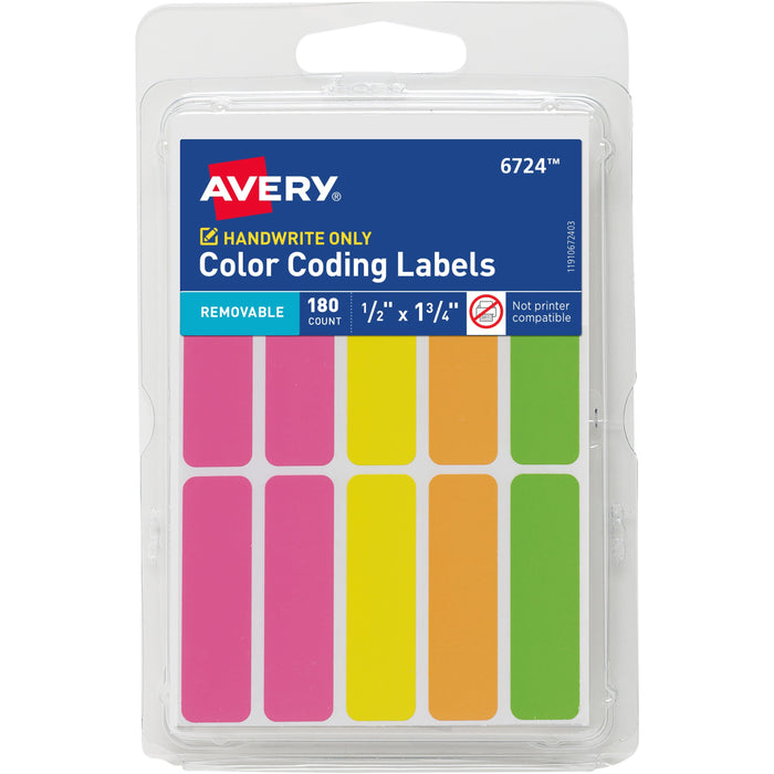 Avery&reg; Removable Labels, 1/2" x 1-3/4" , Neon, 180 Total (6724) - AVE06724